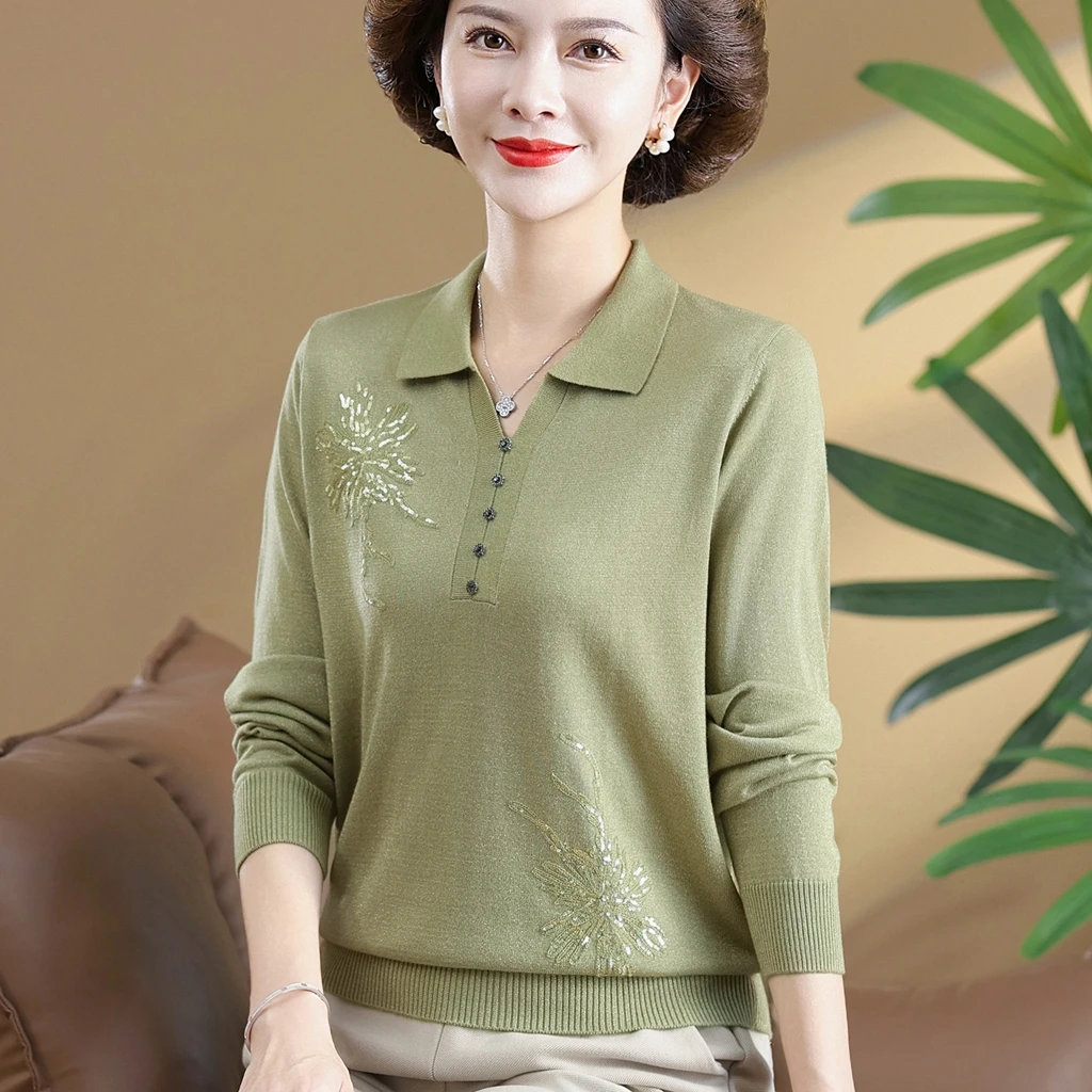 妈妈秋装T恤洋气新款中年女装春秋薄款长袖打底衫中老年宽松上衣