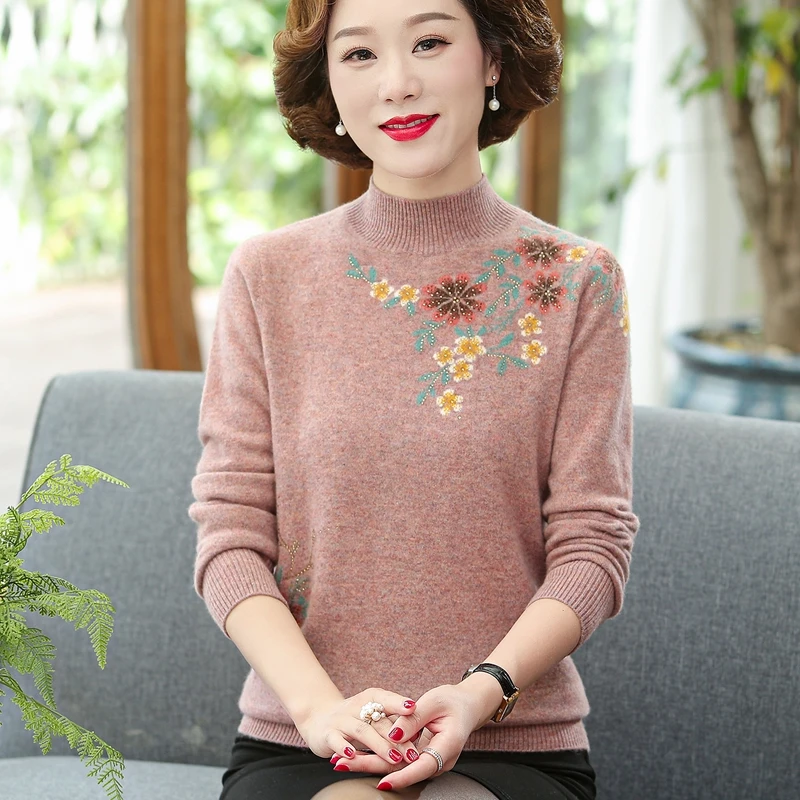 中老年100纯羊毛衫女半高领宽松毛衣秋冬季大码妈妈装针织打底衫