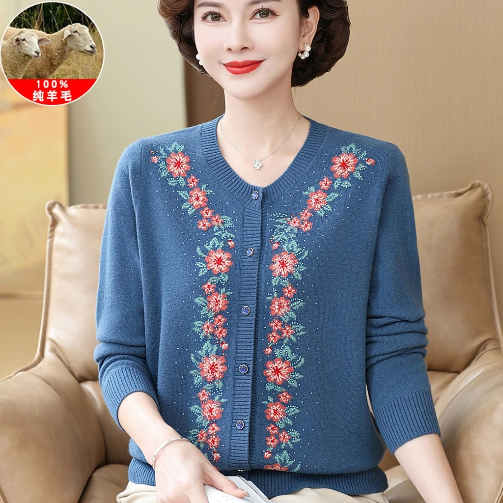 中老年人秋冬100%全羊毛衫女上衣洋气妈妈绣花针织开衫毛衣外套
