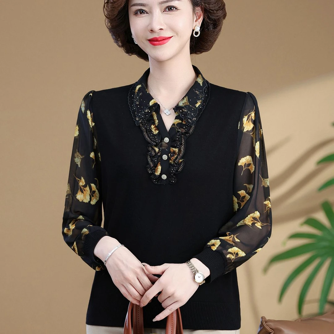 中年妈妈装春秋装T恤长袖洋气针织小衫中老年女母亲衣服气质上衣