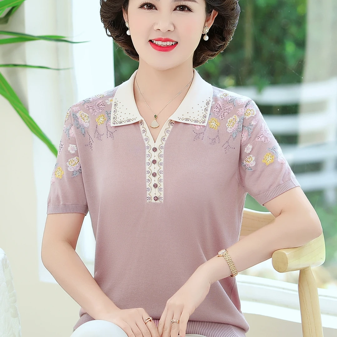 妈妈夏装冰丝短袖T恤洋气女翻领薄款女装针织衫宽松大码上衣