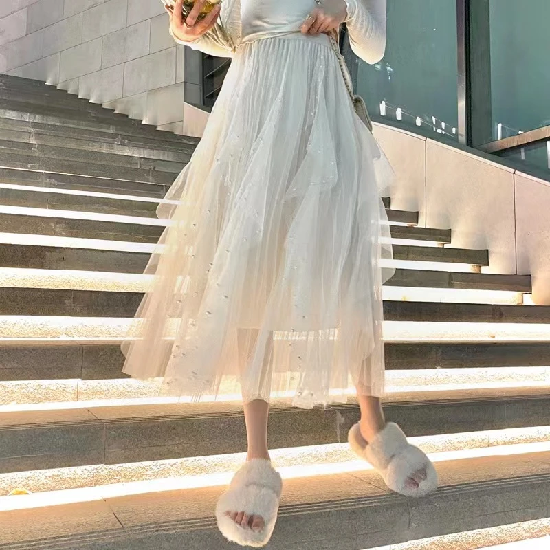 2022新款网纱半身裙女高腰显瘦钉珠中长款不规则网纱裙