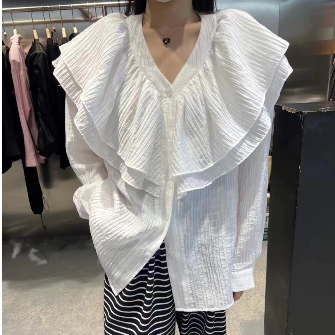 帽之都荷叶领褶皱长袖衬衫