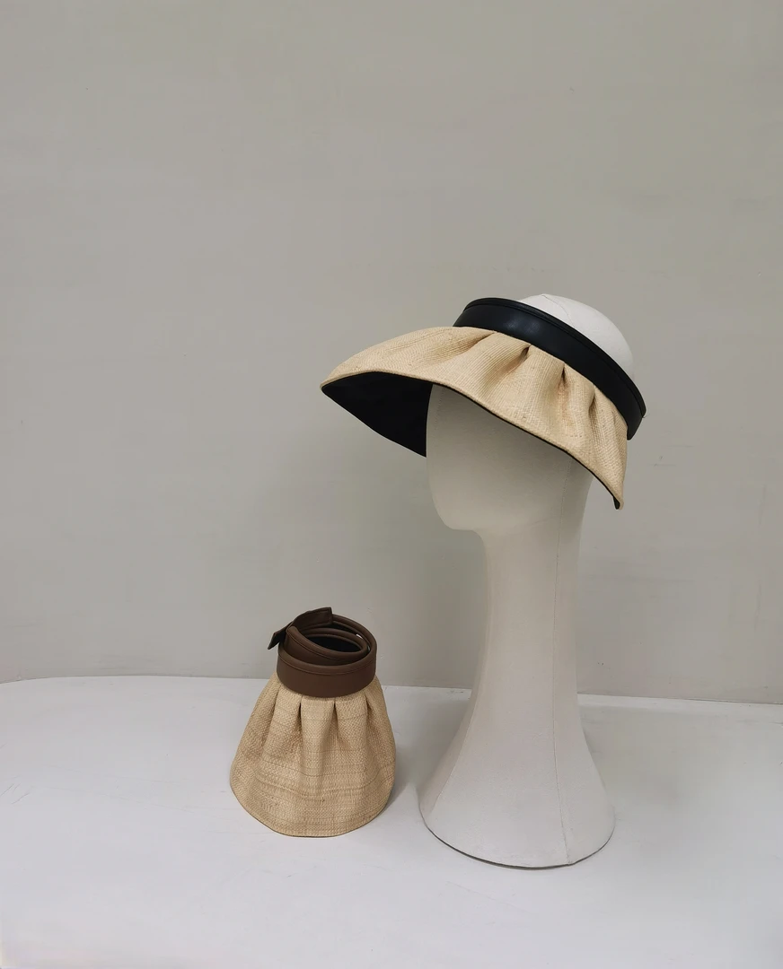 帽之都设计款拉菲草褶皱大檐空顶防晒遮阳帽23661