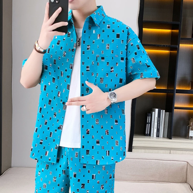 吉奈鸟男士短袖衬衫T恤2024春夏季青少年学生休闲套装半袖男