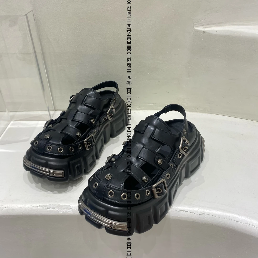 机车风潮酷嘻哈包头真皮欧货凉鞋女厚底百搭夏季编织松糕底凉鞋