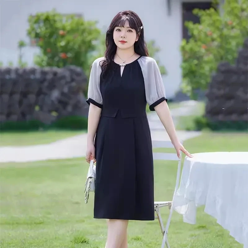 大码女装夏装新款法式气质收腰A字遮肉短袖高级感胖MM显瘦连衣裙