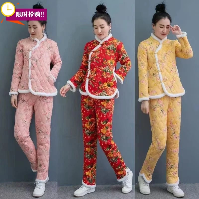 东北大花2023新款女式加绒棉袄棉裤两件套装唐装民族风妈妈花棉衣