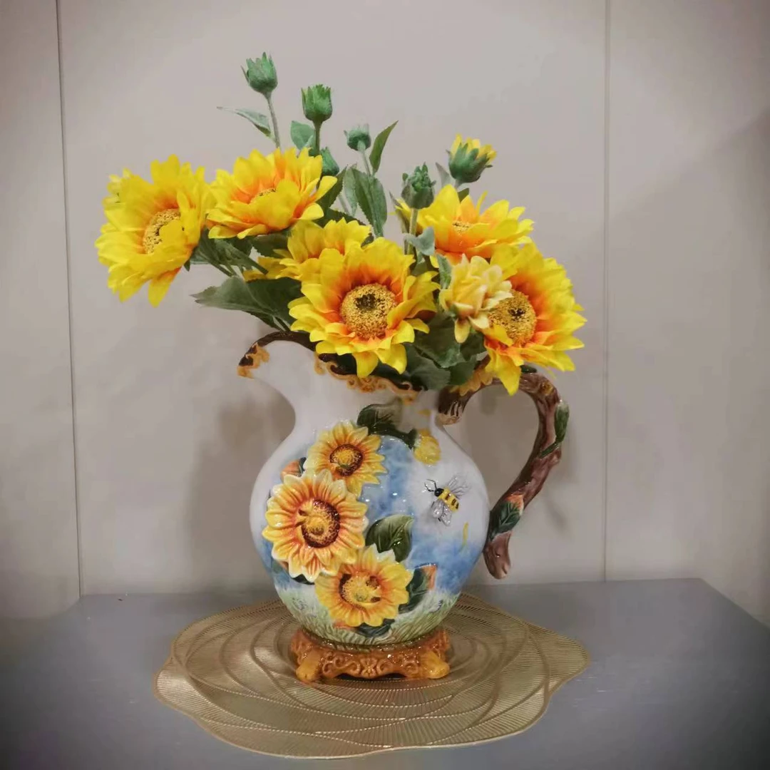 马可可家居太阳花陶瓷花瓶高档向日葵家居摆件
