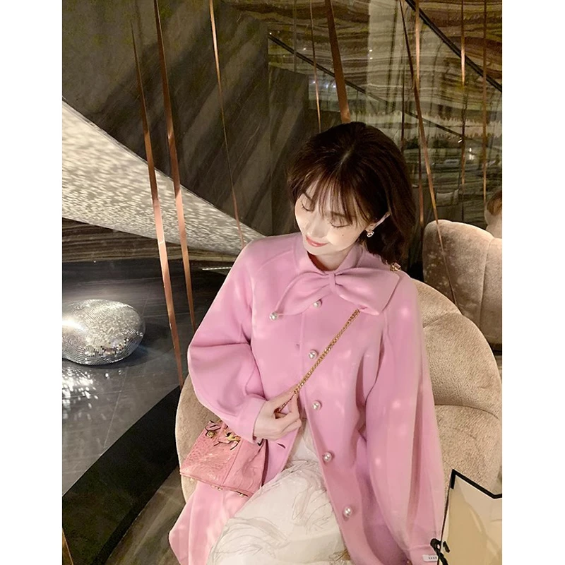 蝴蝶结双面尼大衣女甜美宽松气质减龄2024年新款休闲呢外套中长款