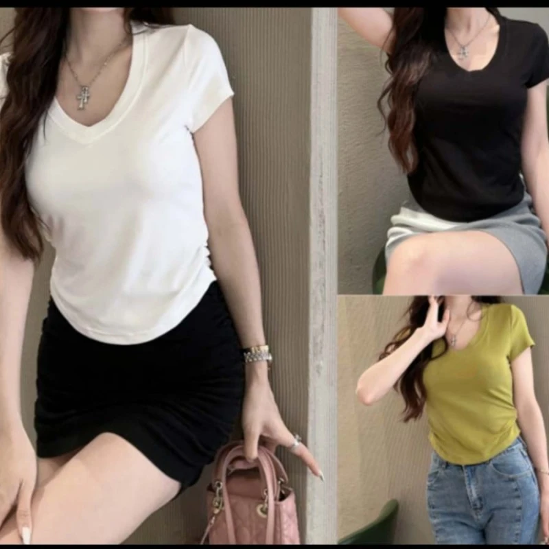 271 夏季爆款法式别致V领T恤韩版修身显瘦不规则圆弧下摆短袖上衣