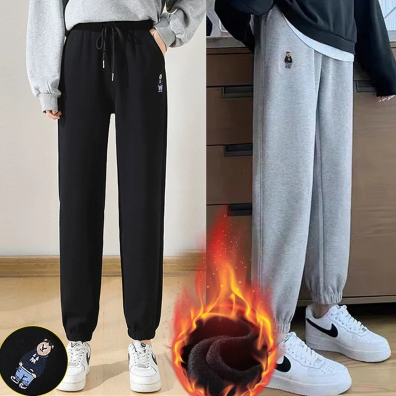 933加绒加厚运动裤女秋冬季小熊显瘦束脚休闲卫裤子