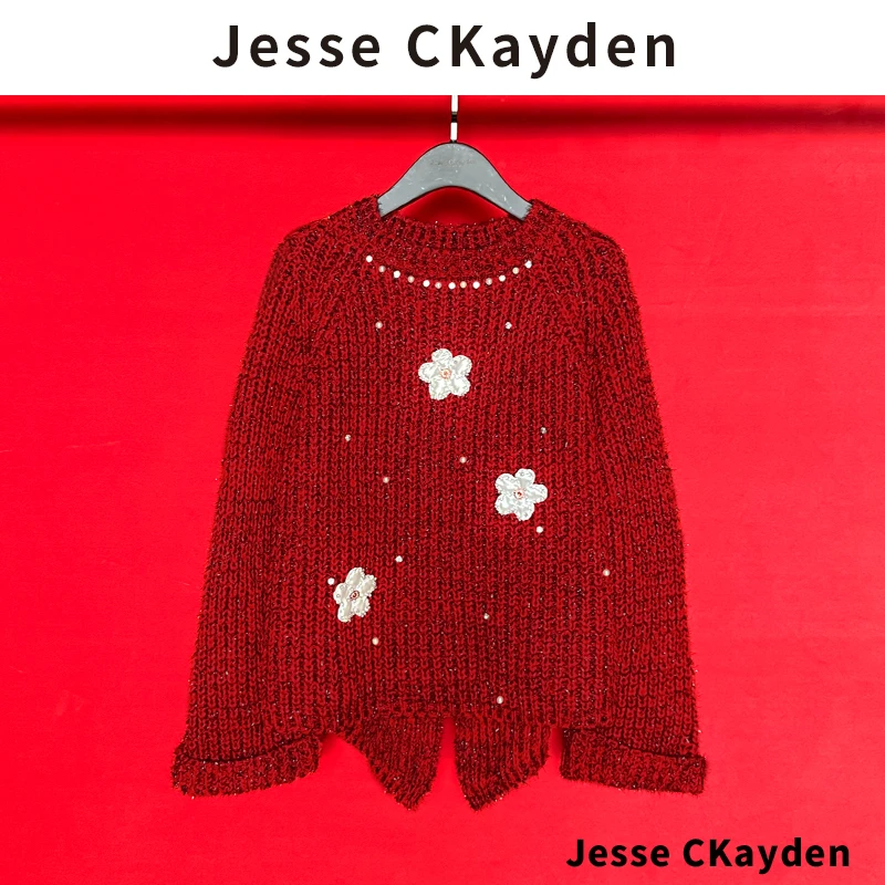 编号55 海棠花 宽松气质钉钻手工花长袖衬衫针织女上衣DP2885