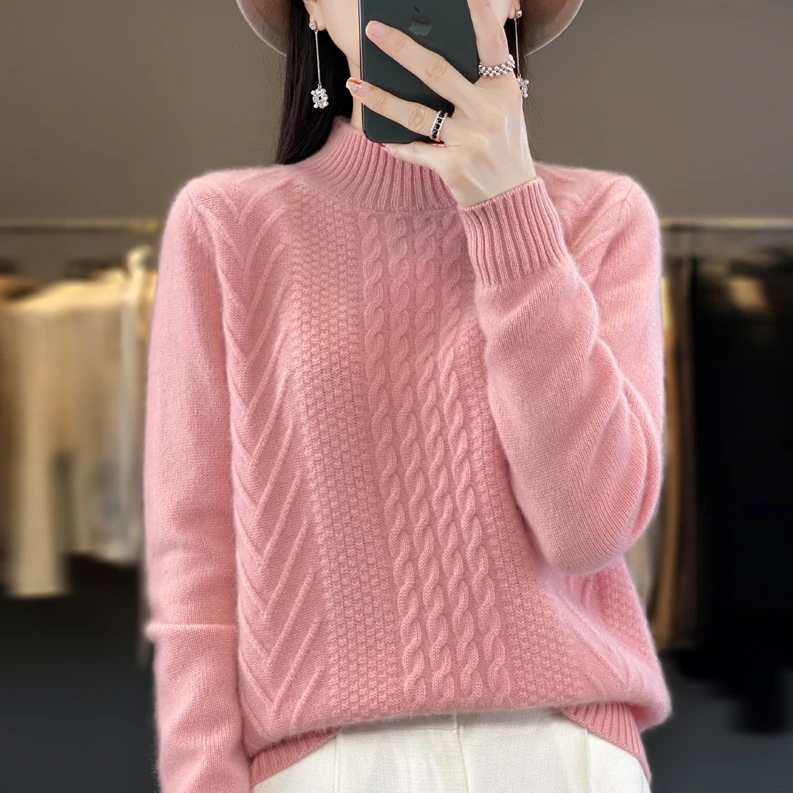 云朵般软糯~加厚100羊毛衫半高领时尚绞花针织毛衣麻花女上衣秋冬