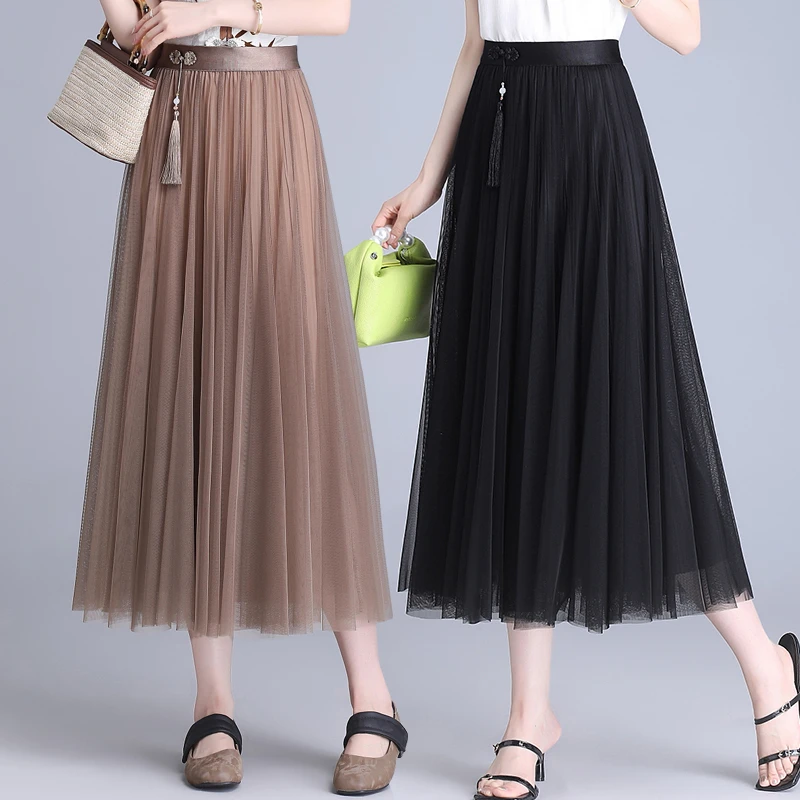 新中式国风网纱半身裙女夏2024新款高腰显瘦垂感遮胯大摆百褶长裙