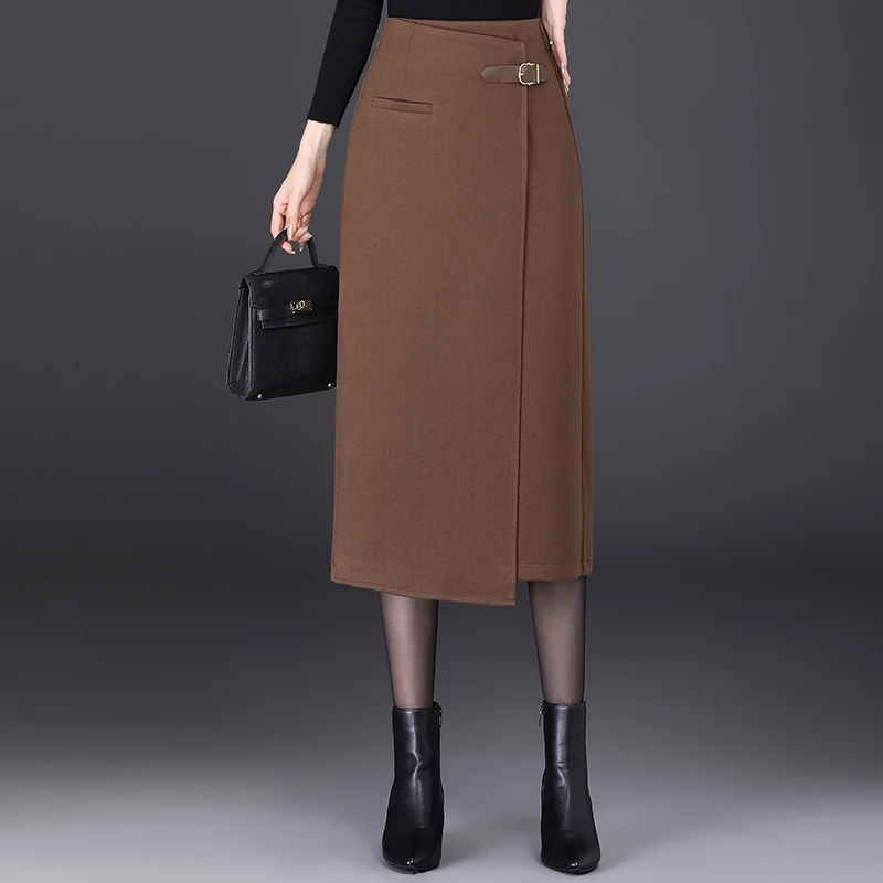 毛呢半身裙秋冬女2024新款中长高腰显瘦开叉包臀裙不规则伞裙加厚