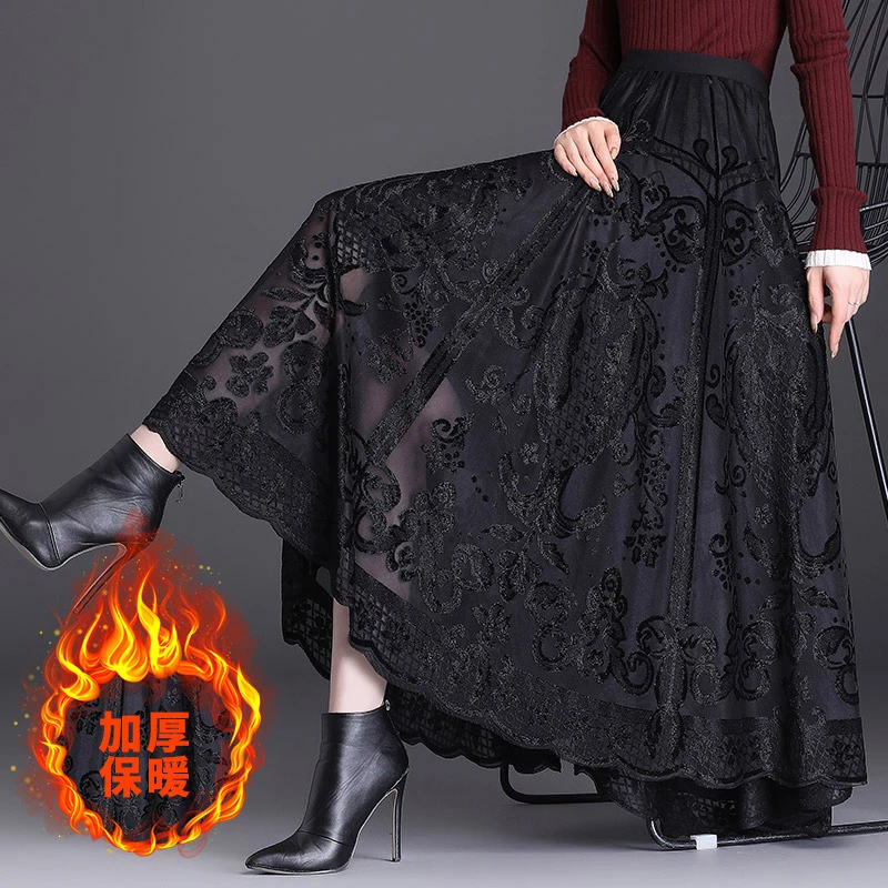 厚金丝绒大摆半身裙女秋冬2024新款中长高腰显瘦遮肚子a字百褶裙