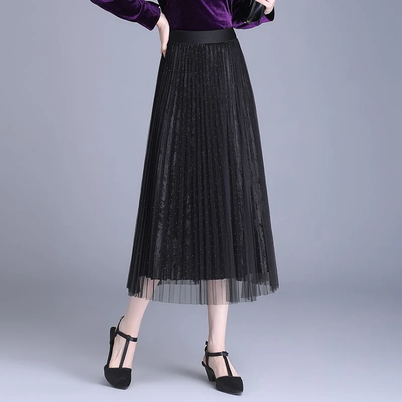 2025新款金丝绒百褶网纱裙女秋季中长垂感高腰显瘦大摆a字半身裙