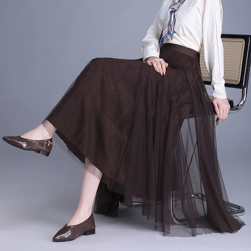 纱裙两面穿半身裙中长款百褶裙2025秋冬新款a字垂感显瘦网纱长裙
