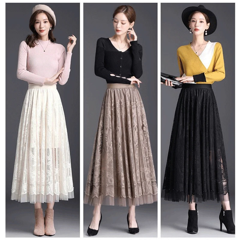 蕾丝网纱半身裙子女春夏2025新款高腰显瘦a字中长洋气百褶大摆裙