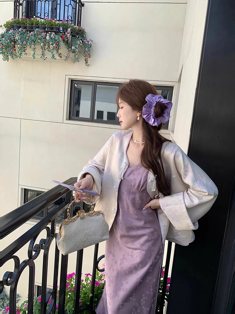 2024早秋新中式外套女超好看复古盘扣新国风上衣女紫色吊带裙套装