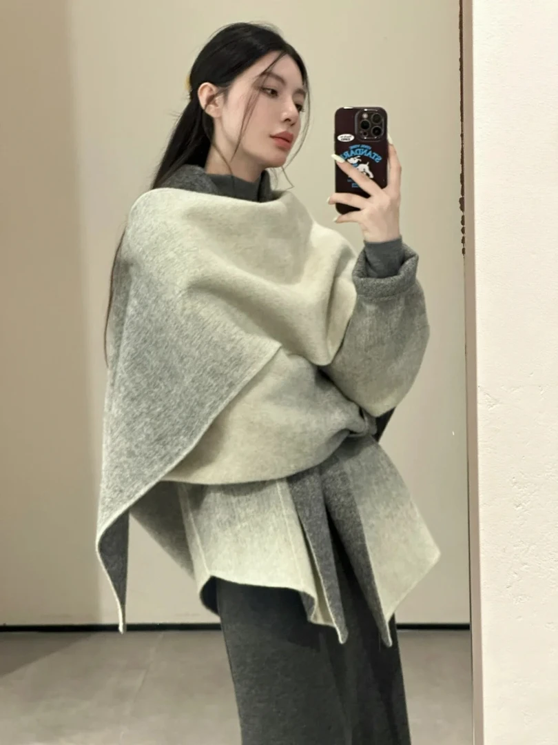 初冬搭配一整套韩系穿搭渐变色大围巾斗篷外套气质半身裙三件套女