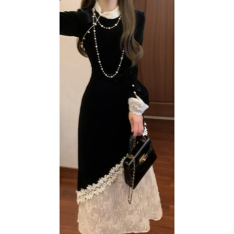 新中式国风丝绒气质连衣裙2024秋冬新款蕾丝拼接假两件旗袍长裙