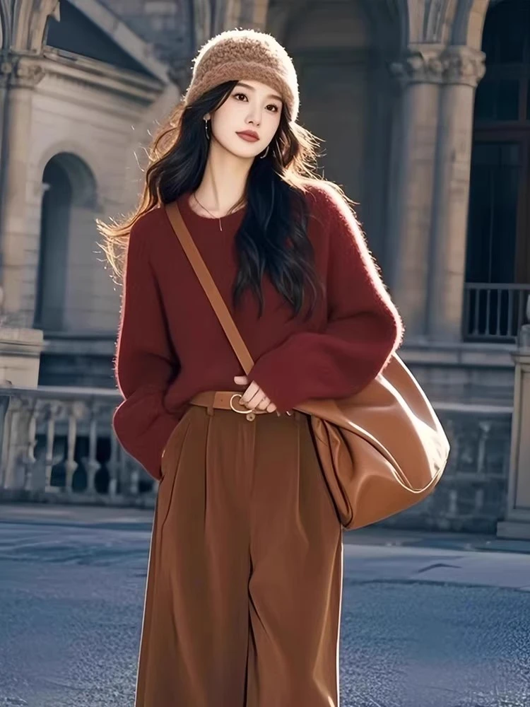 深秋冬季2024新款穿搭配一整套韩系减龄高级感红色圣诞两件套装女