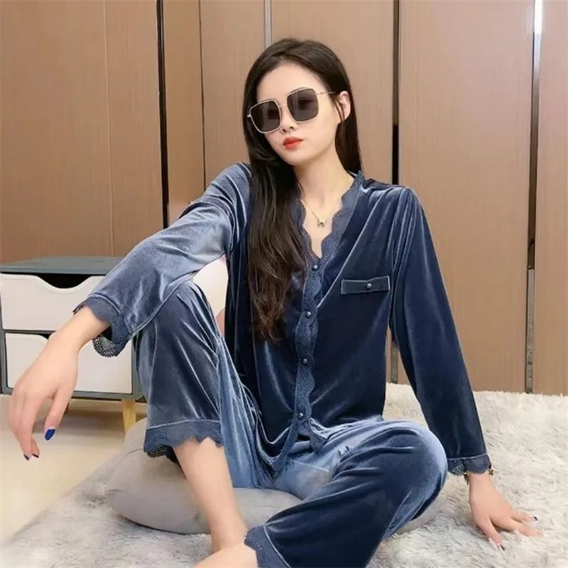 金丝绒睡衣女秋冬款2024新款高级感钻石绒长袖长裤套装大码家居服