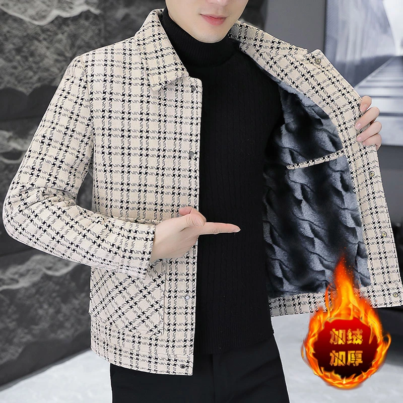 男士毛呢大衣短款外套冬季加绒保暖格子提花韩版修身夹克高端上衣