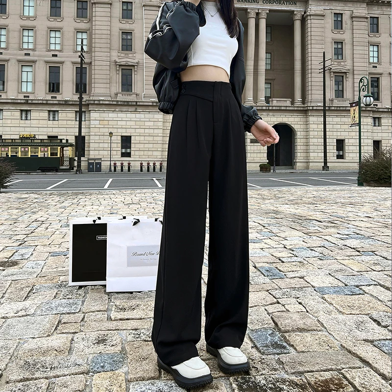 2025春季新款阔腿裤女高腰薄款裤子垂感黑色春夏窄版西装裤8098