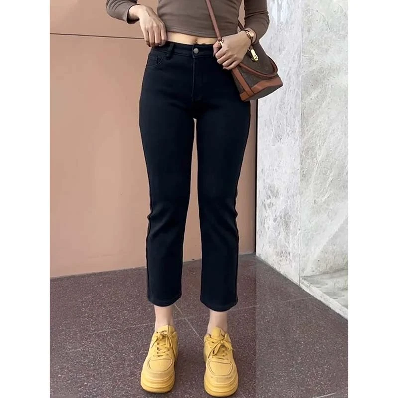 秋冬新款弹力加绒牛仔裤女胖mm大码高腰宽松显瘦小个子8分烟管裤