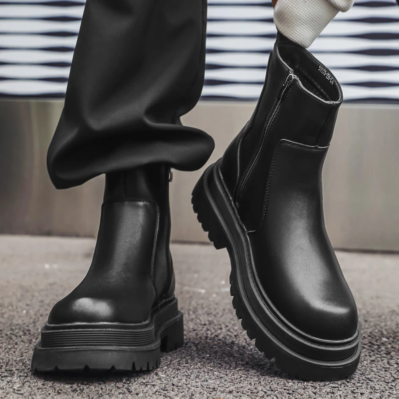 切尔西靴男冬季加绒真皮烟筒靴英伦风拉链短靴厚底增高中帮马丁靴