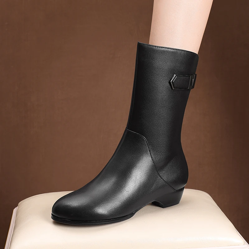 全真皮中筒靴女春秋单靴小个子皮靴女中跟头层牛皮妈妈款小短靴女
