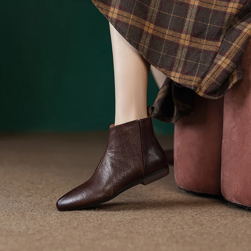 真皮短靴女平底裸靴低跟踝靴秋季单靴软皮软底小皮靴切尔西靴大码