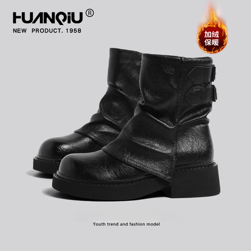 环球黑色软底保暖短靴女2025春秋新款西部牛仔厚底复古加绒骑士靴