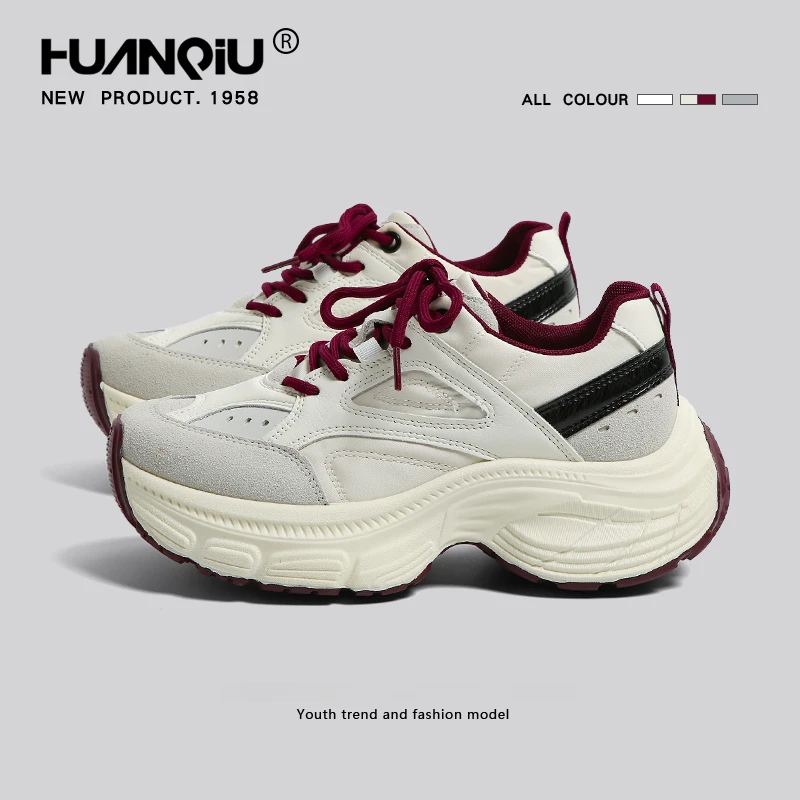 环球厚底老爹鞋女2025春秋新款复古做旧红色百搭小个子增高运动鞋