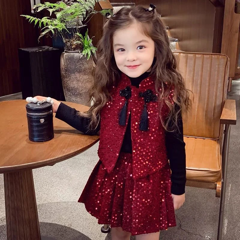 女童国风套装裙秋冬2024新款儿童无袖马甲百褶裙小女孩网红两件套