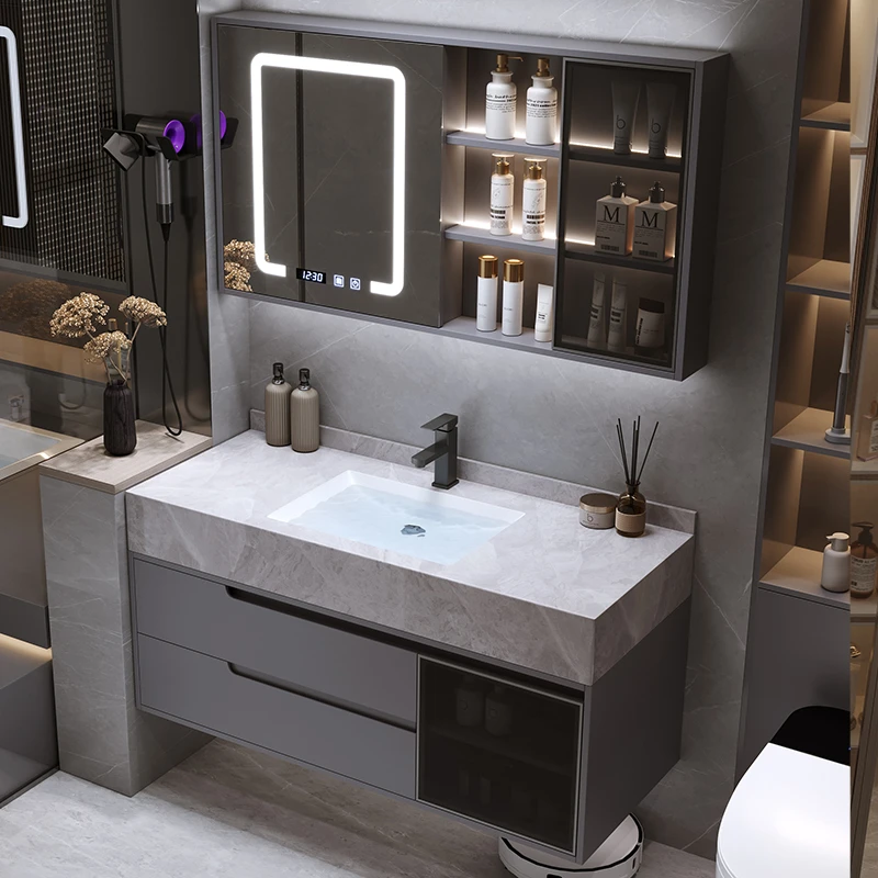 【岩板无缝陶瓷盆】奶油风卫生间洗手池洗漱台一体盆浴室柜组合镜柜