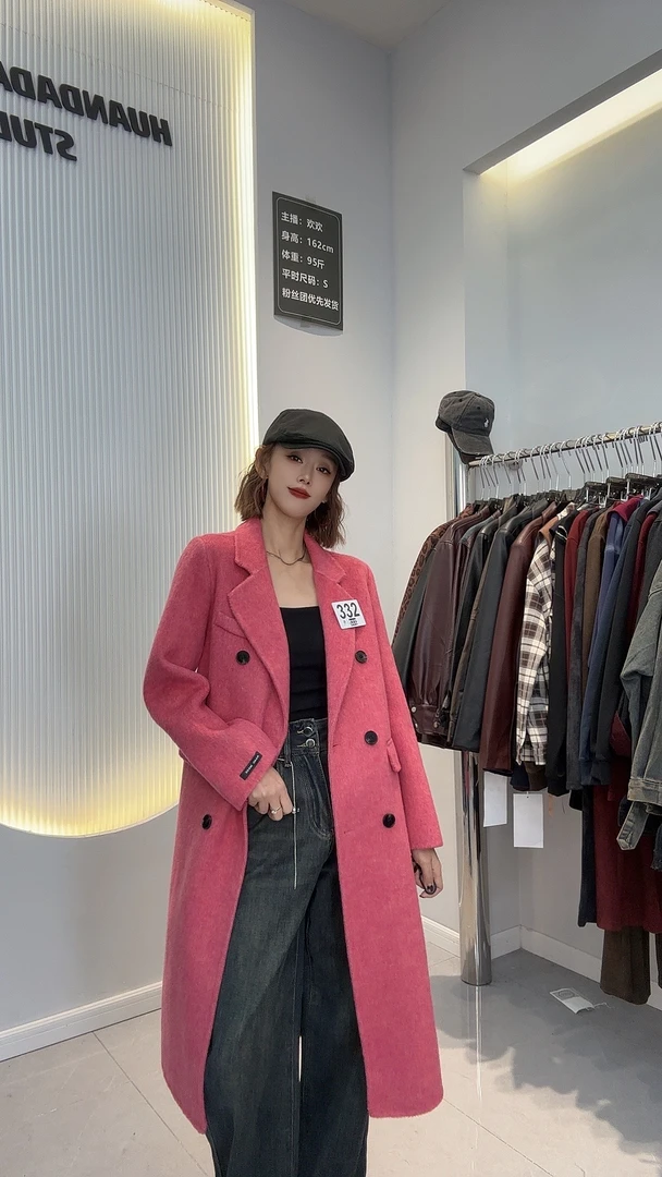 欢欢家2412经典西装领6扣双面羊毛长款大衣