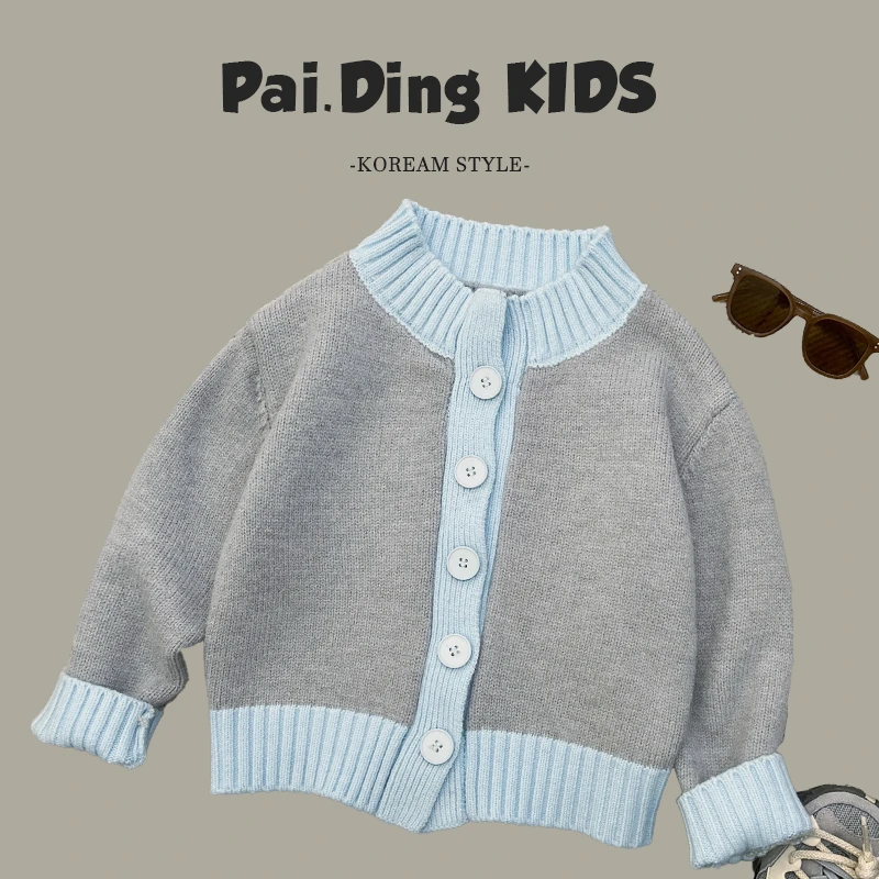 【现货】阿卷秋冬装儿童韩版简约撞色休闲宽松针织毛衣开衫SJ4737