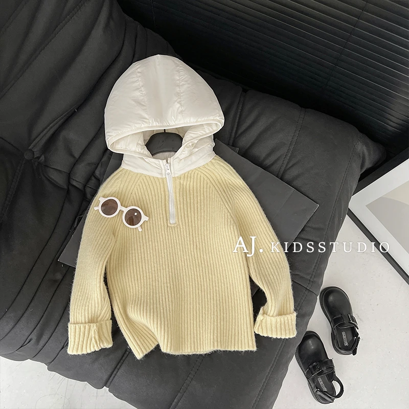 qc【现货】阿卷秋冬装韩版儿童套头半拉链连帽针织毛衣外套MPG5236