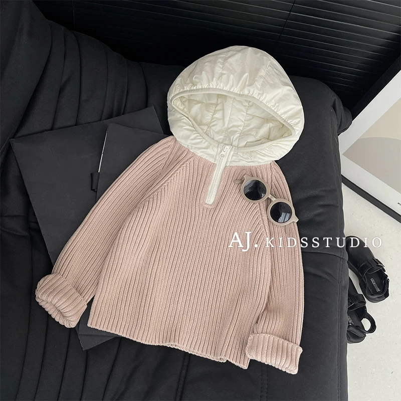 qc【现货】阿卷秋冬装韩版儿童套头半拉链连帽针织毛衣外套MPG5236