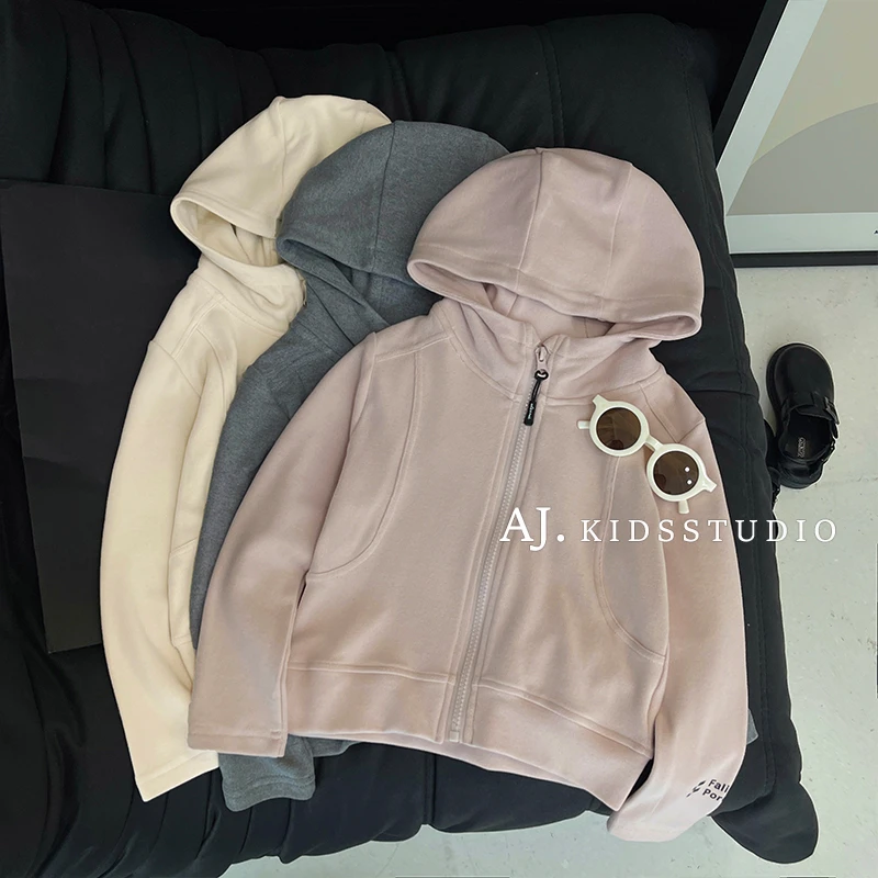 qc【现货】阿卷秋装韩版儿童时尚简约纯色休闲宽松连帽外套MPG5157