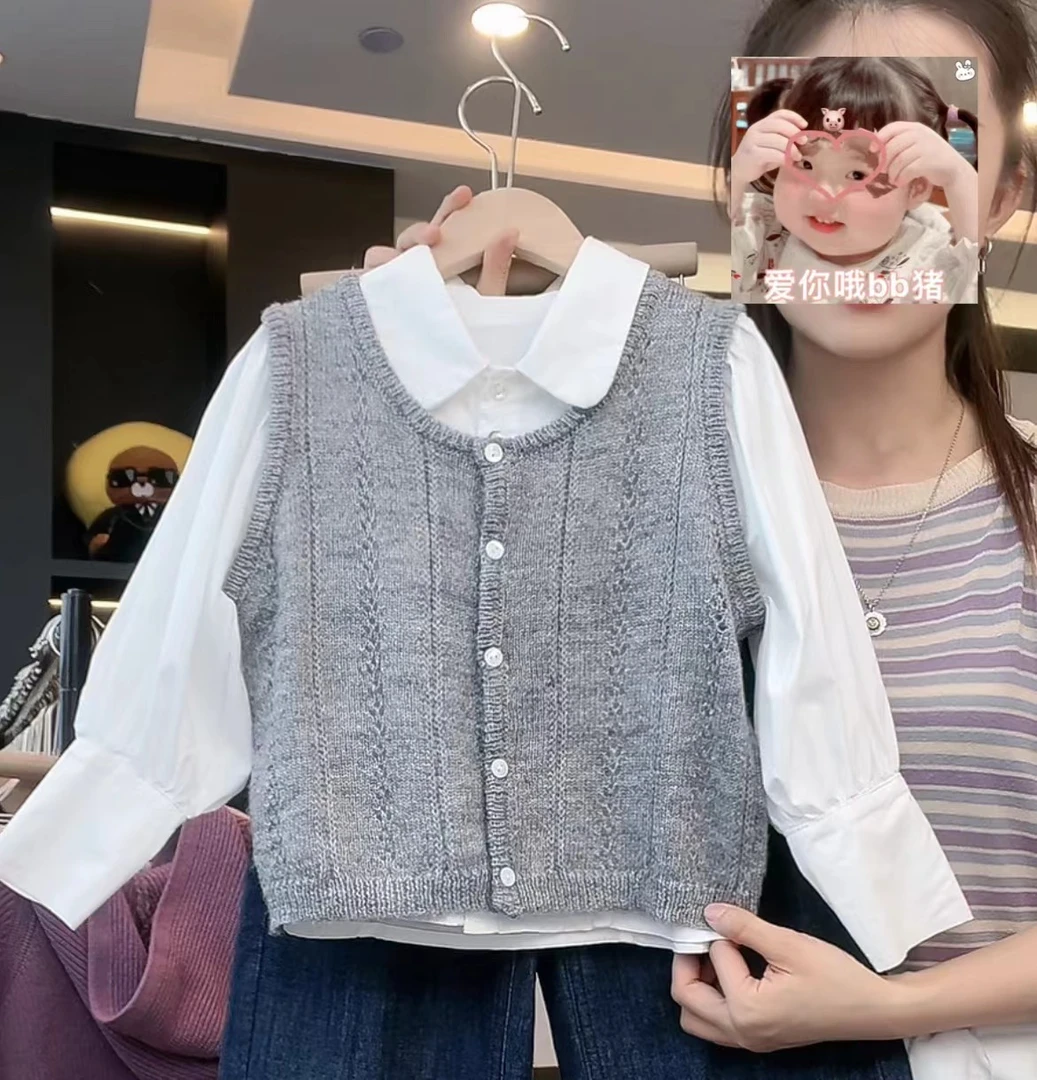 【在仓】阿卷春夏韩童装叠穿时尚针织背心打底+棉衬衫两件套套装