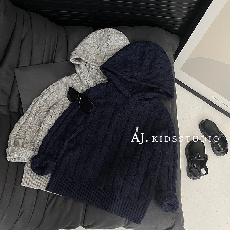 【现货】阿卷2025春秋韩版儿童简约刺绣标软糯连帽毛衣外套MPG5069