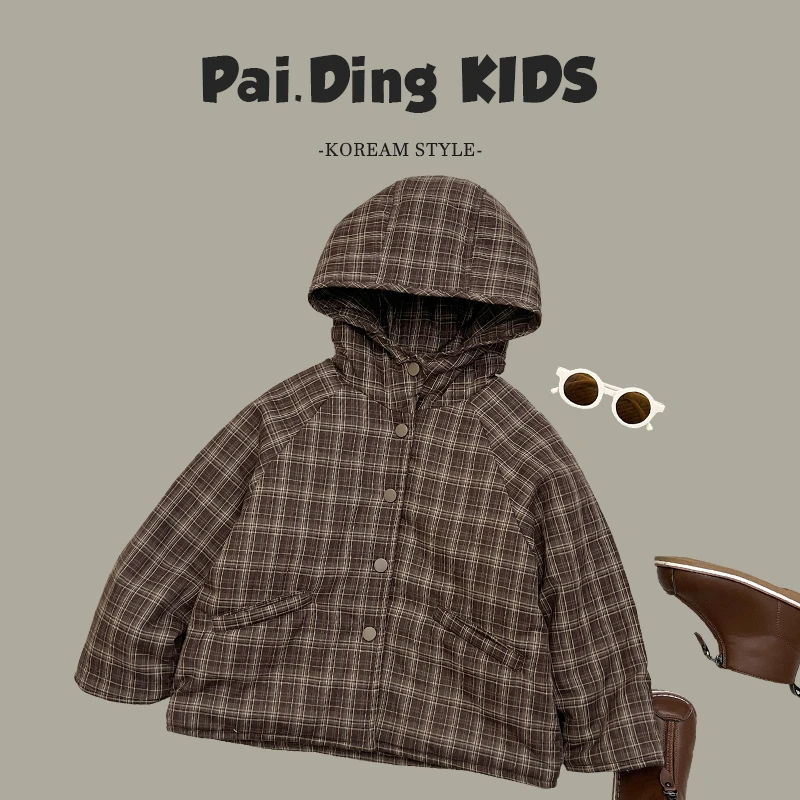【现货】阿卷冬装儿童潮流经典格子保暖连帽加绒棉服外套HCXZ3603