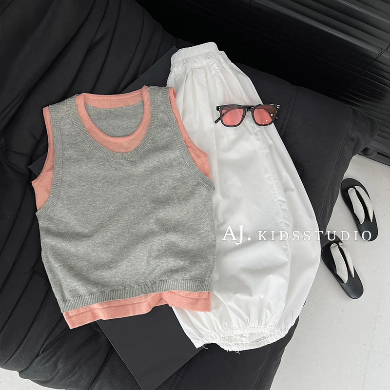 qc【现货】阿卷儿童韩版简约潮流百搭双色拼色宽松休闲上衣MPG4546