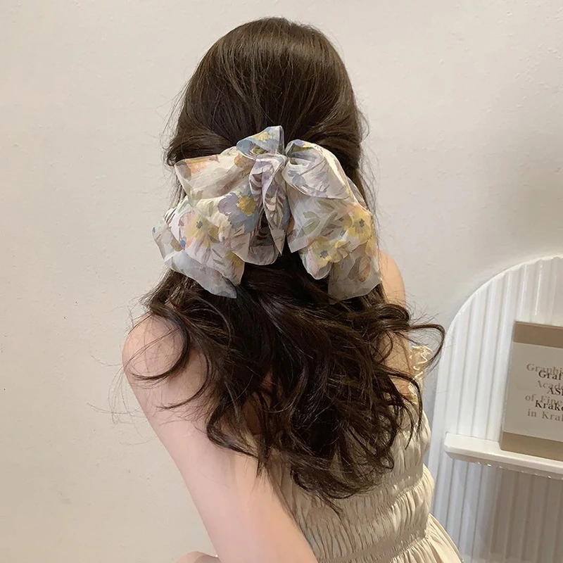 莫奈花园碎花立体蝴蝶结网红女后脑勺弹簧夹头饰夏季温柔发卡顶夹