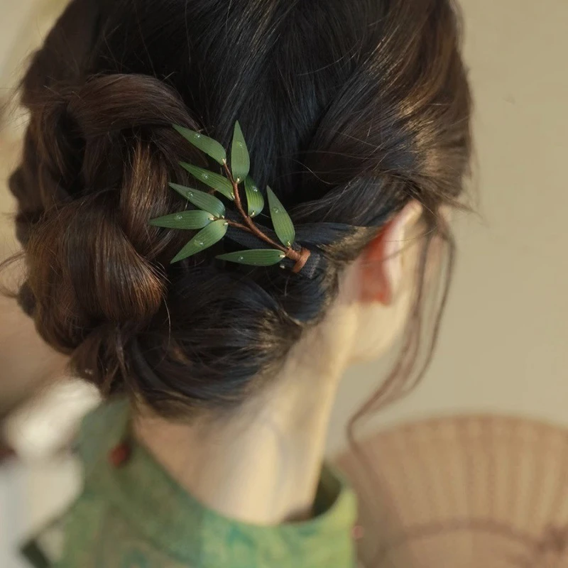 水滴竹叶侧边夹气质时尚绿色古风精致复古森系简约日常清新优雅女